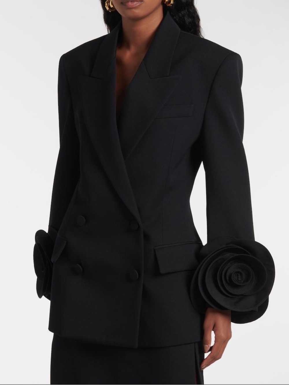 Valentino Black Double-Breasted Blazer with Sculpted Rose Cuffs XL bit fits US 4